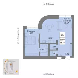 2-к квартира, вторичка, 64м2, 2/25 этаж