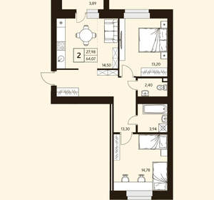 2-к квартира, вторичка, 64м2, 6/10 этаж