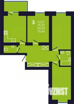3-к квартира, строящийся дом, 79м2, 1/12 этаж