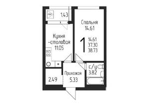 1-к квартира, строящийся дом, 39м2, 19/24 этаж