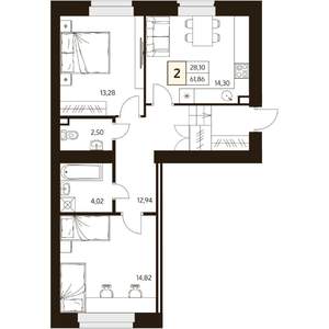 2-к квартира, строящийся дом, 62м2, 1/10 этаж