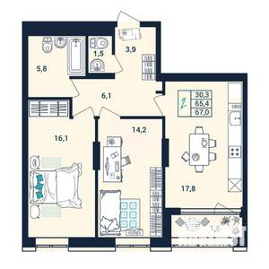 2-к квартира, вторичка, 67м2, 25/25 этаж