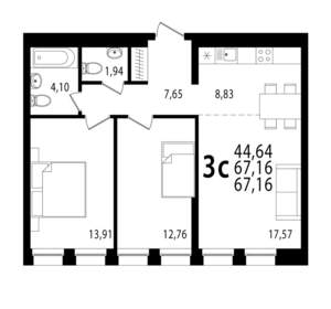 3-к квартира, сданный дом, 67м2, 20/20 этаж