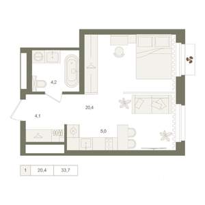 1-к квартира, вторичка, 34м2, 25/25 этаж