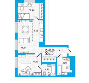 2-к квартира, вторичка, 70м2, 21/26 этаж