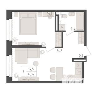 1-к квартира, вторичка, 43м2, 4/5 этаж