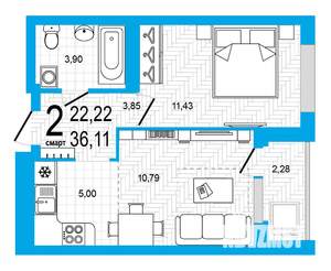 2-к квартира, строящийся дом, 36м2, 11/25 этаж