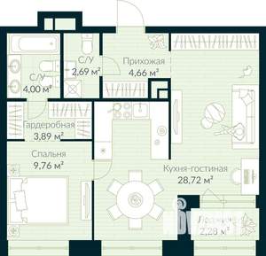 1-к квартира, строящийся дом, 55м2, 6/10 этаж