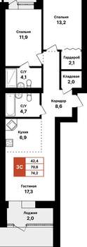 3-к квартира, вторичка, 74м2, 1/8 этаж