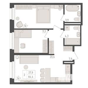 2-к квартира, вторичка, 64м2, 4/5 этаж