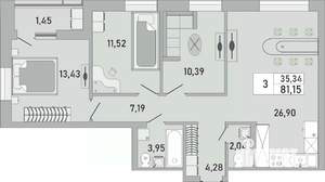 3-к квартира, строящийся дом, 81м2, 24/24 этаж