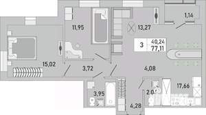3-к квартира, вторичка, 77м2, 2/24 этаж