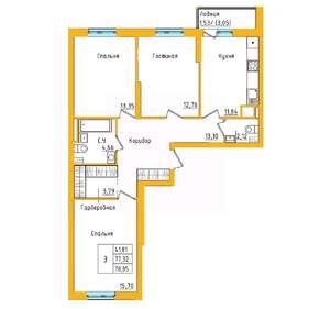 3-к квартира, строящийся дом, 79м2, 22/27 этаж