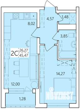 2-к квартира, строящийся дом, 45м2, 7/25 этаж