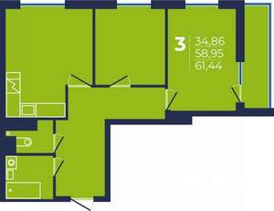 3-к квартира, строящийся дом, 61м2, 12/25 этаж