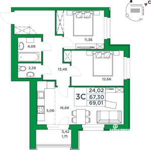 2-к квартира, вторичка, 67м2, 13/24 этаж