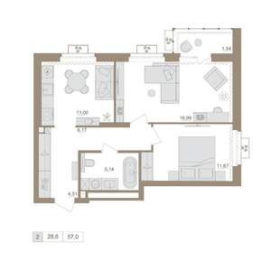 2-к квартира, вторичка, 57м2, 6/25 этаж