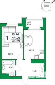 1-к квартира, вторичка, 44м2, 9/24 этаж