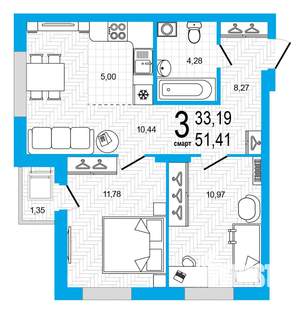 3-к квартира, строящийся дом, 51м2, 20/25 этаж