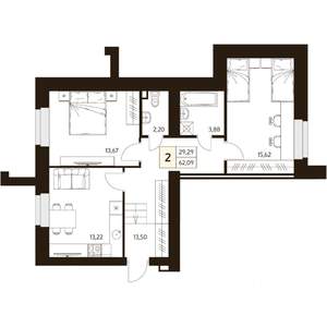 2-к квартира, строящийся дом, 62м2, 1/10 этаж