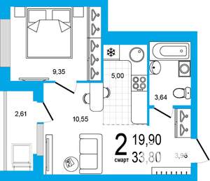 2-к квартира, строящийся дом, 34м2, 11/25 этаж