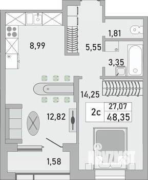 2-к квартира, строящийся дом, 48м2, 9/24 этаж