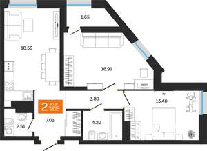 2-к квартира, вторичка, 68м2, 19/25 этаж