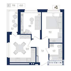 2-к квартира, вторичка, 43м2, 10/22 этаж