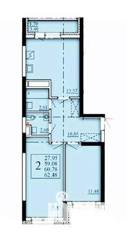 2-к квартира, строящийся дом, 61м2, 15/25 этаж