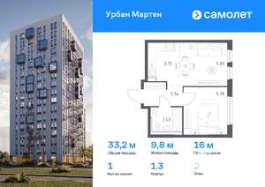 1-к квартира, вторичка, 33м2, 2/12 этаж