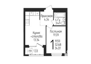 1-к квартира, строящийся дом, 34м2, 21/25 этаж