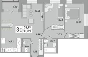3-к квартира, строящийся дом, 72м2, 18/24 этаж