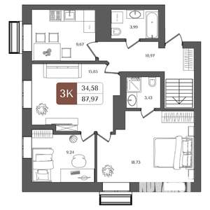 3-к квартира, строящийся дом, 88м2, 21/21 этаж
