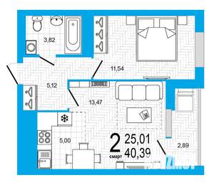 2-к квартира, строящийся дом, 40м2, 19/25 этаж