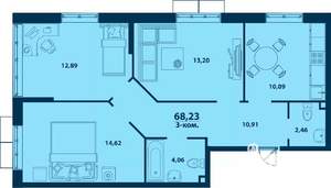 3-к квартира, строящийся дом, 68м2, 6/24 этаж