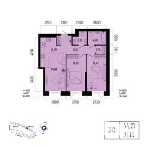 3-к квартира, вторичка, 71м2, 3/13 этаж