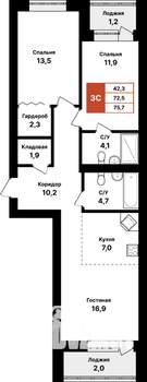 3-к квартира, вторичка, 76м2, 3/8 этаж
