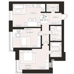 2-к квартира, строящийся дом, 68м2, 8/24 этаж