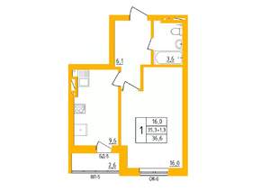 1-к квартира, строящийся дом, 36м2, 22/27 этаж