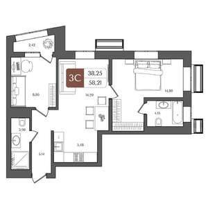 3-к квартира, строящийся дом, 58м2, 13/21 этаж