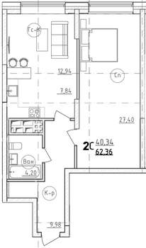 2-к квартира, строящийся дом, 62м2, 3/28 этаж