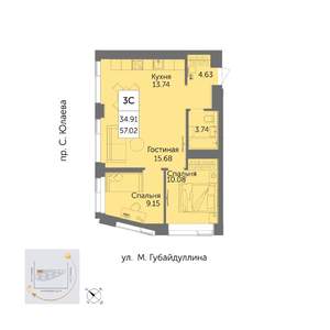 3-к квартира, вторичка, 57м2, 25/32 этаж