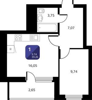 1-к квартира, вторичка, 39м2, 7/25 этаж