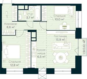 2-к квартира, строящийся дом, 56м2, 6/30 этаж