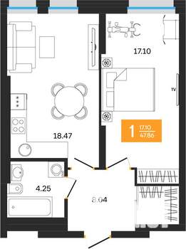 1-к квартира, вторичка, 48м2, 24/25 этаж