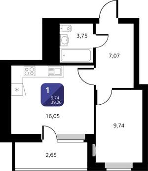 1-к квартира, вторичка, 39м2, 7/25 этаж