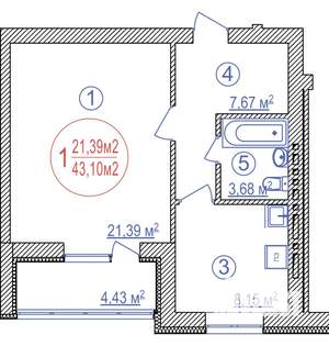 1-к квартира, строящийся дом, 43м2, 2/14 этаж