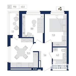 2-к квартира, вторичка, 43м2, 8/22 этаж