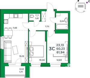 2-к квартира, вторичка, 60м2, 24/24 этаж