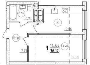 1-к квартира, строящийся дом, 37м2, 27/28 этаж